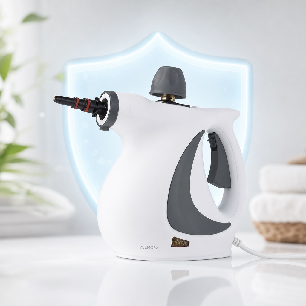 Velmora steam cleaner with germ-protection shield graphic